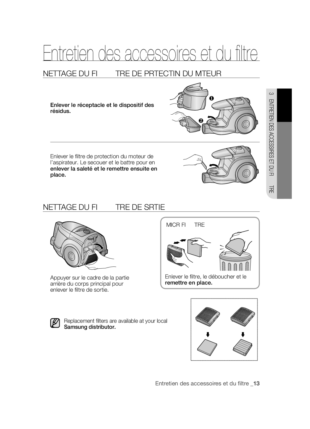 Samsung VCC4550V3W/XEF manual Nettoyage DU Filtre DE Protection DU Moteur, Nettoyage DU Filtre DE Sortie, Micro Filtre 