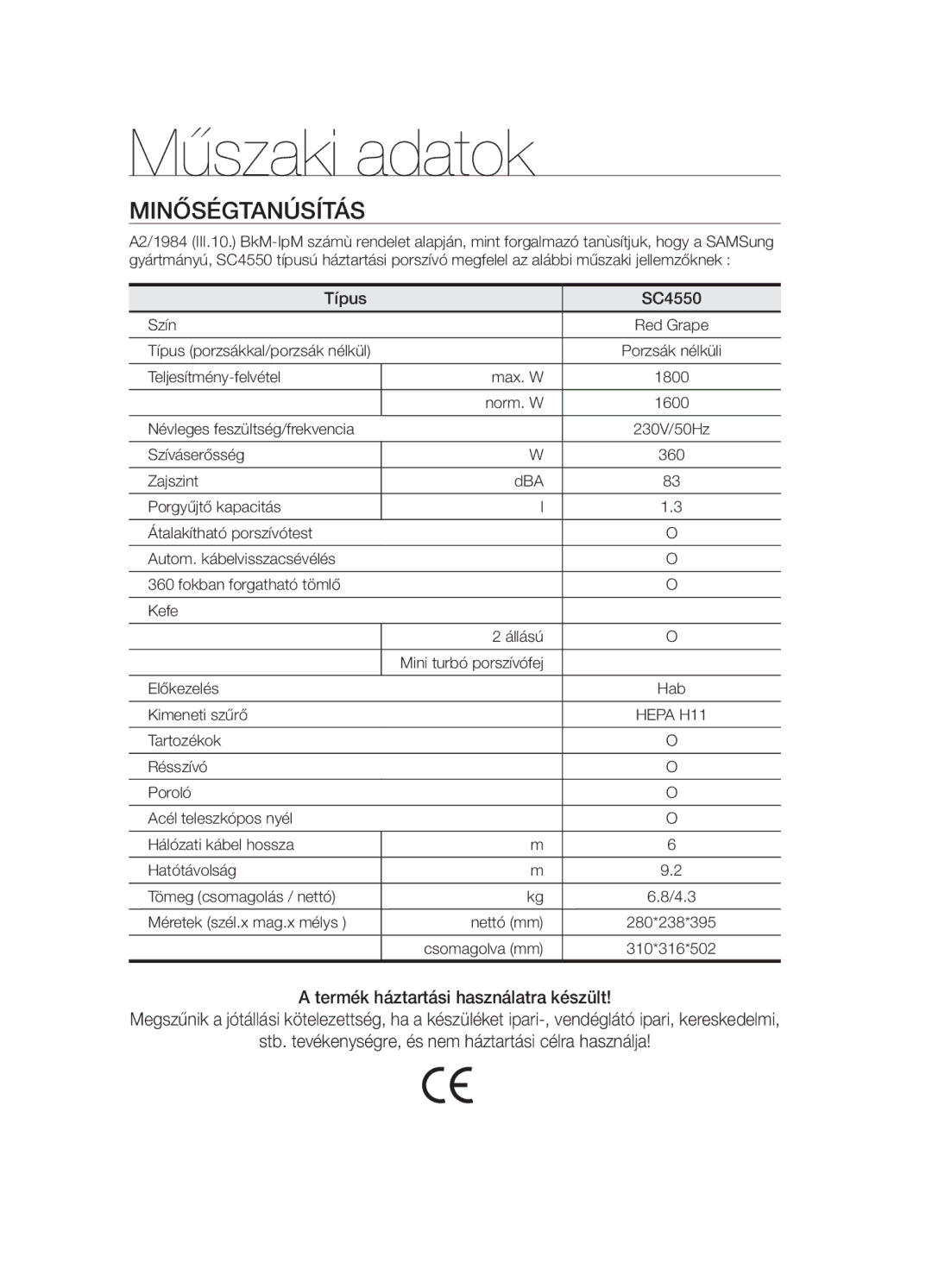 Samsung VCC4550V3W/XEH, VCC4550V3B/BOL, VCC4550V31/XEO manual Műszaki adatok, Minőségtanúsítás, Típus SC4550 