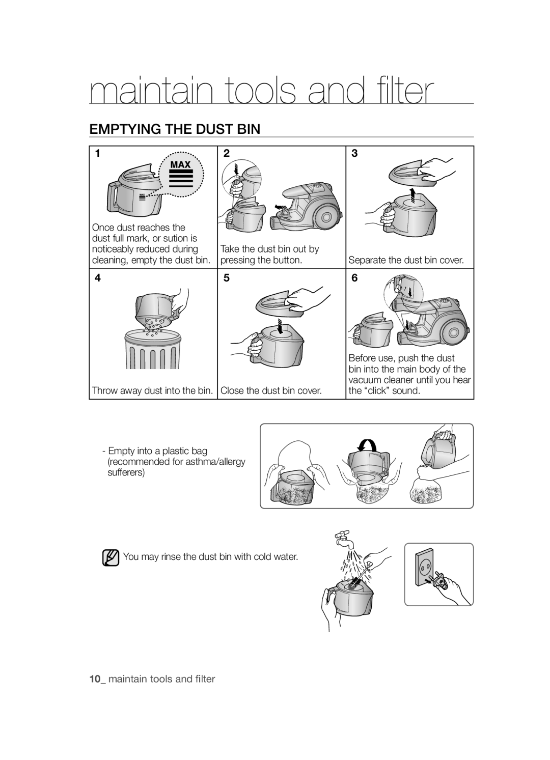 Samsung VCC4550V3B/BOL, VCC4550V3W/XEH manual Emptying ThE Dust bIN, Once dust reaches, Pressing the button, Click sound 