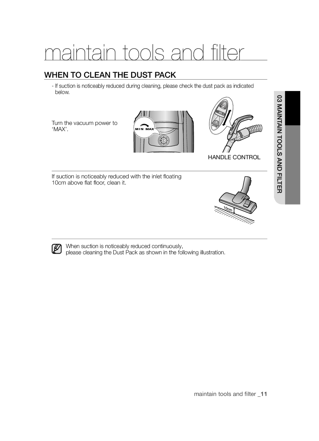 Samsung VCC4550V31/XEO, VCC4550V3W/XEH, VCC4550V3B/BOL manual WhEN to clEAN ThE Dust PAcK, Handle Control 