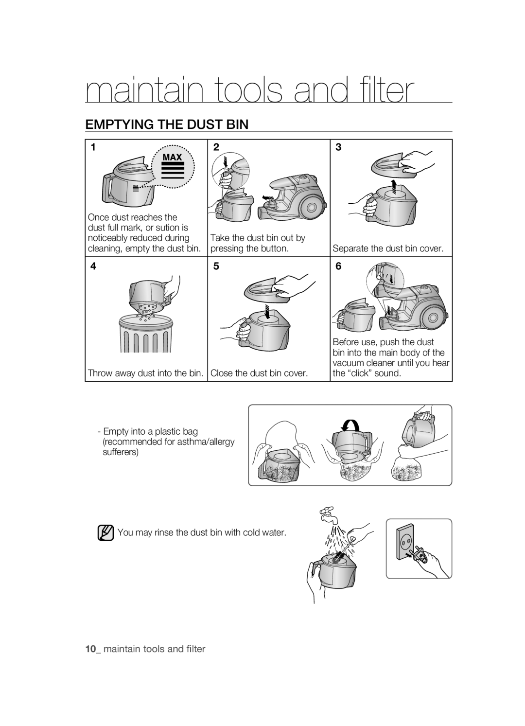 Samsung VCC4590H3W/BOL, VCC4550V3W/XEH manual Emptying ThE Dust bIN, Once dust reaches, Pressing the button, Click sound 