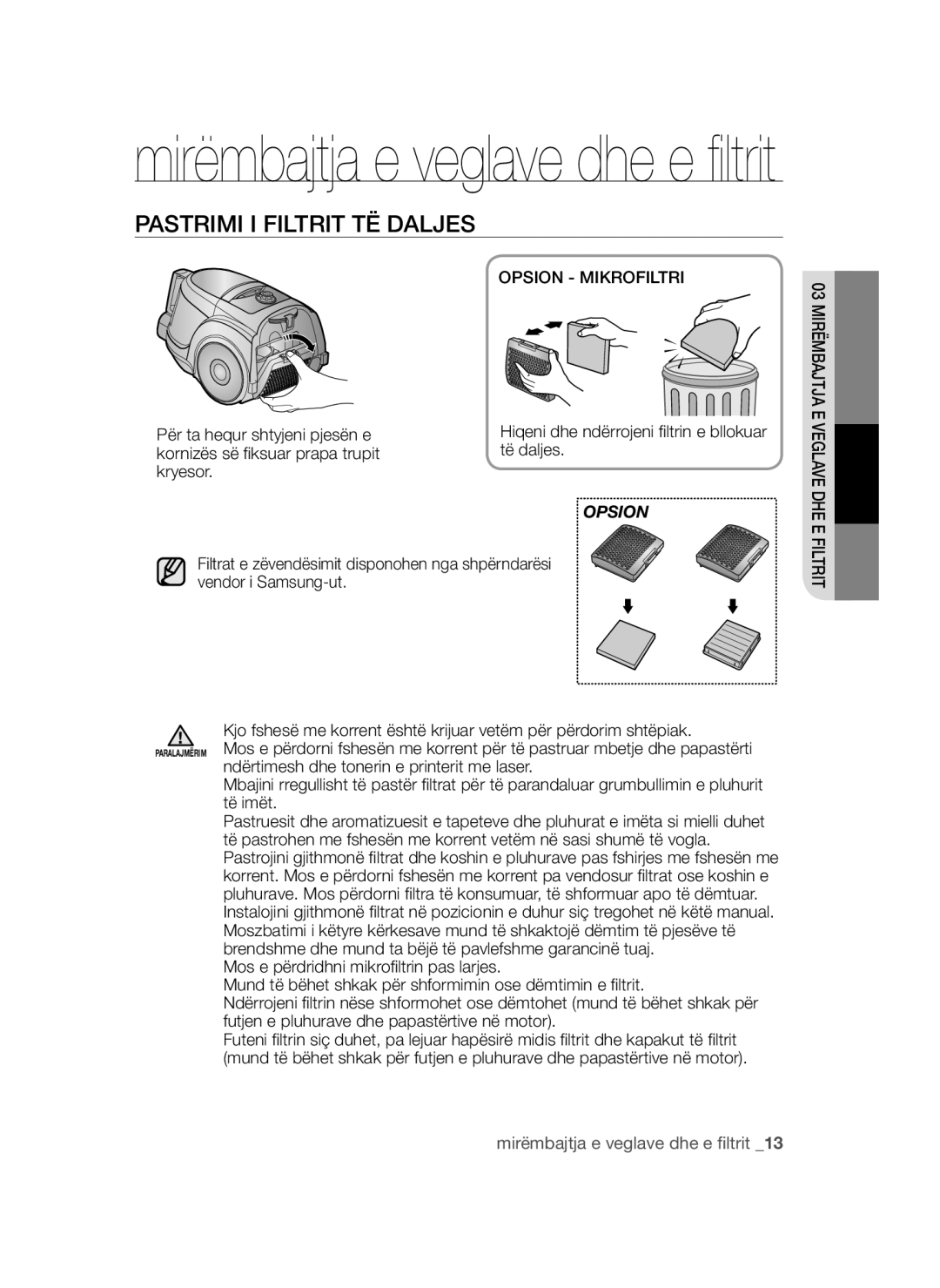 Samsung VCC4550V36/BOL, VCC4570S3K/KSG, VCC4550V3B/BOL manual Pastrimi I Filtrit TË Daljes, Opsion Mikrofiltri 