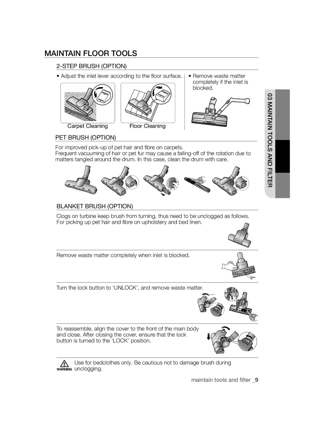 Samsung VCC4550V3B/BOL, VCC4570S3K/KSG Maintain Floor Tools, Step Brush Option, PET Brush Option, Blanket Brush Option 