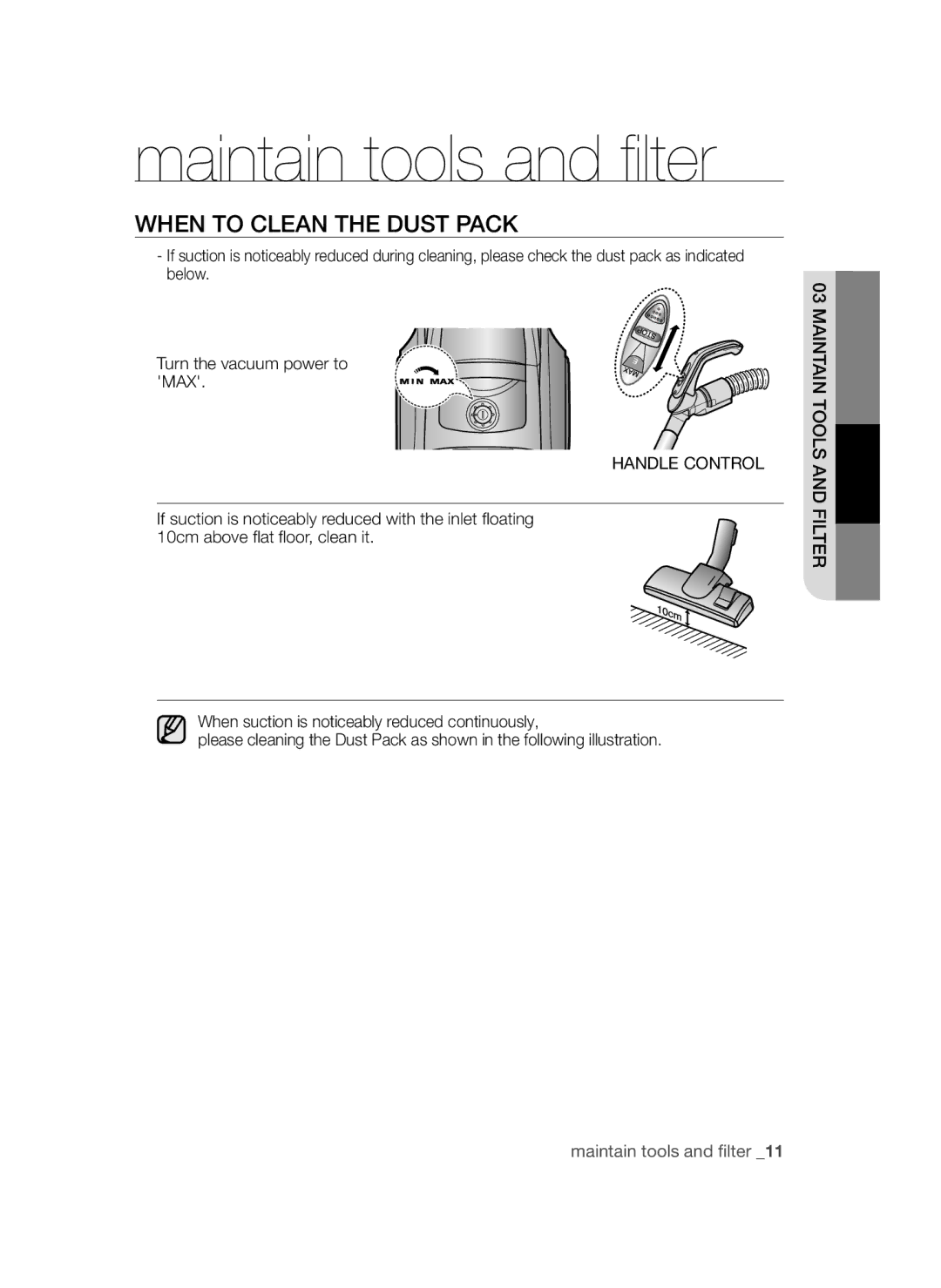 Samsung VCC4550V36/BOL, VCC4570S3K/KSG, VCC4550V3B/BOL manual When to Clean the Dust Pack, Handle Control 