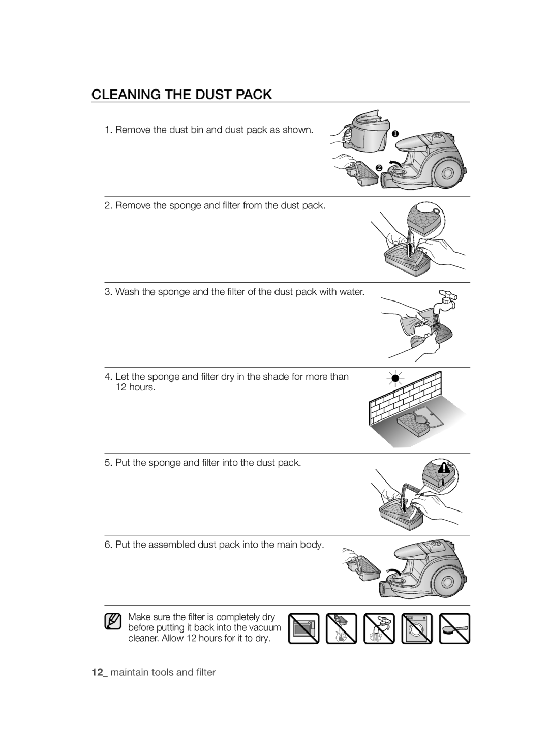 Samsung VCC4550V3B/BOL, VCC4570S3K/KSG, VCC4550V36/BOL manual Cleaning the Dust Pack 