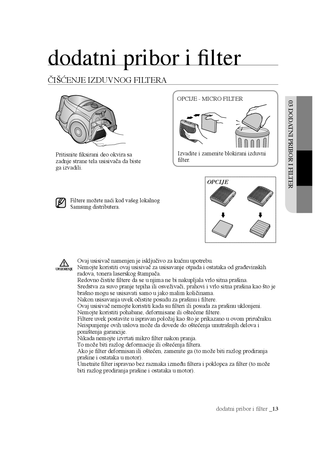 Samsung VCC4550V36/BOL, VCC4570S3K/KSG, VCC4550V3B/BOL manual Opcije Micro Filter Dodatni, Pribor I Filter 