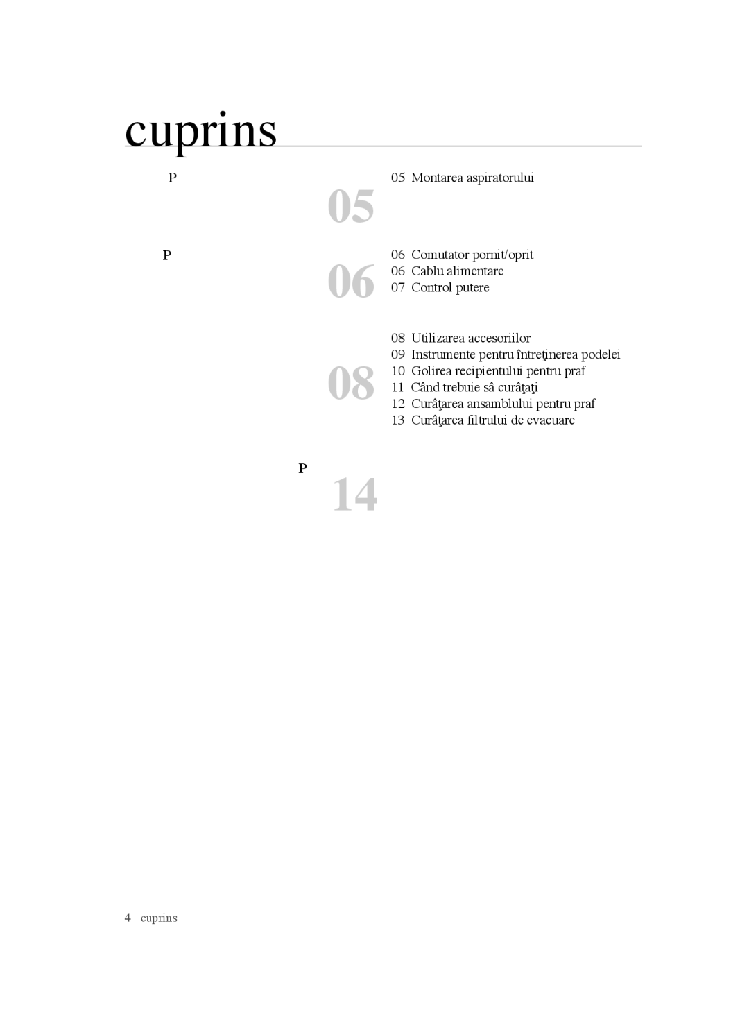 Samsung VCC4550V3B/BOL, VCC4570S3K/KSG, VCC4550V36/BOL manual Cuprins, Montarea Aspiratorului 