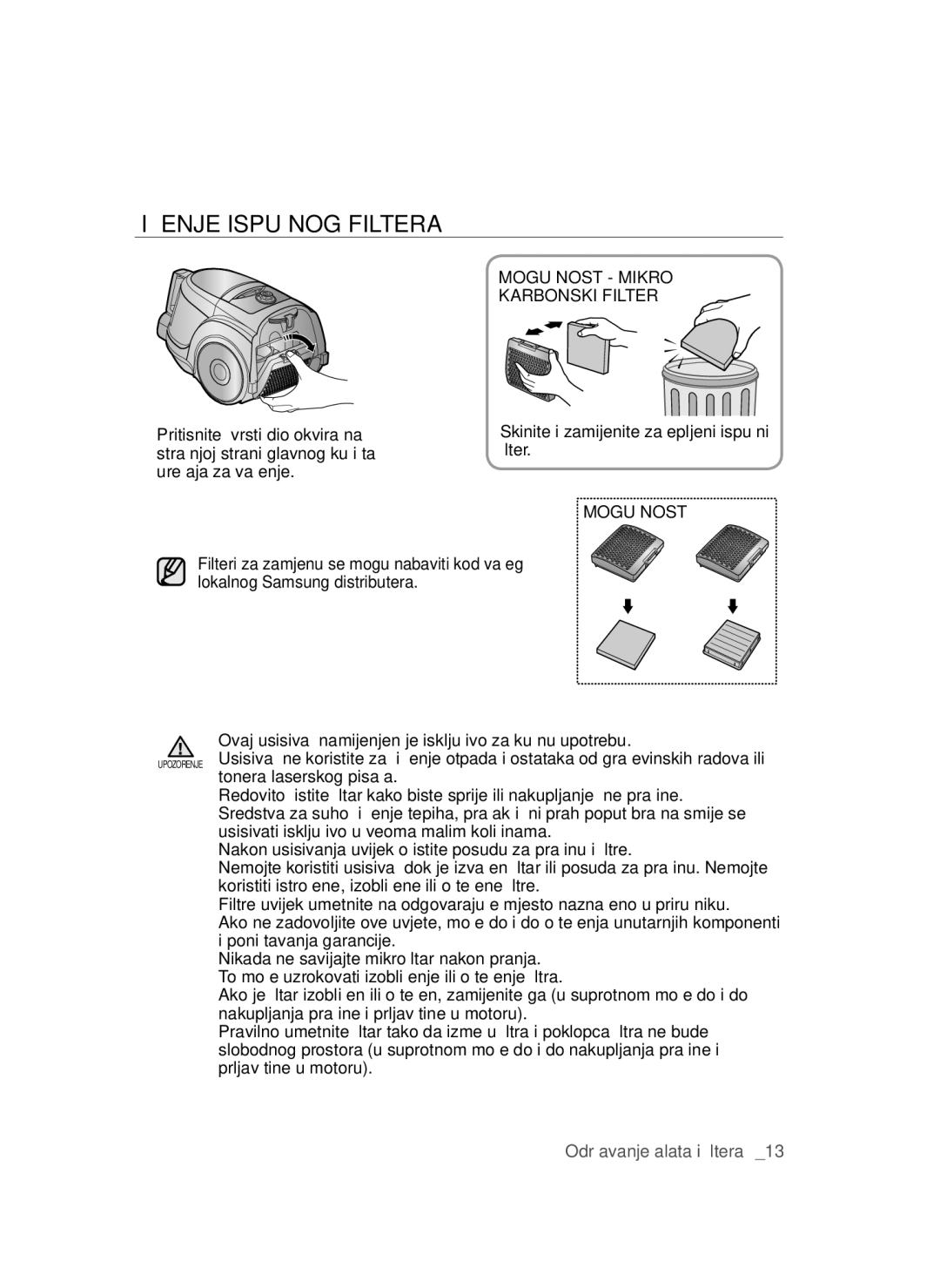 Samsung VCC4570S3K/KSG, VCC4550V36/BOL, VCC4550V3B/BOL manual Čišćenje Ispušnog Filtera, Mogućnost Mikro Karbonski Filter 