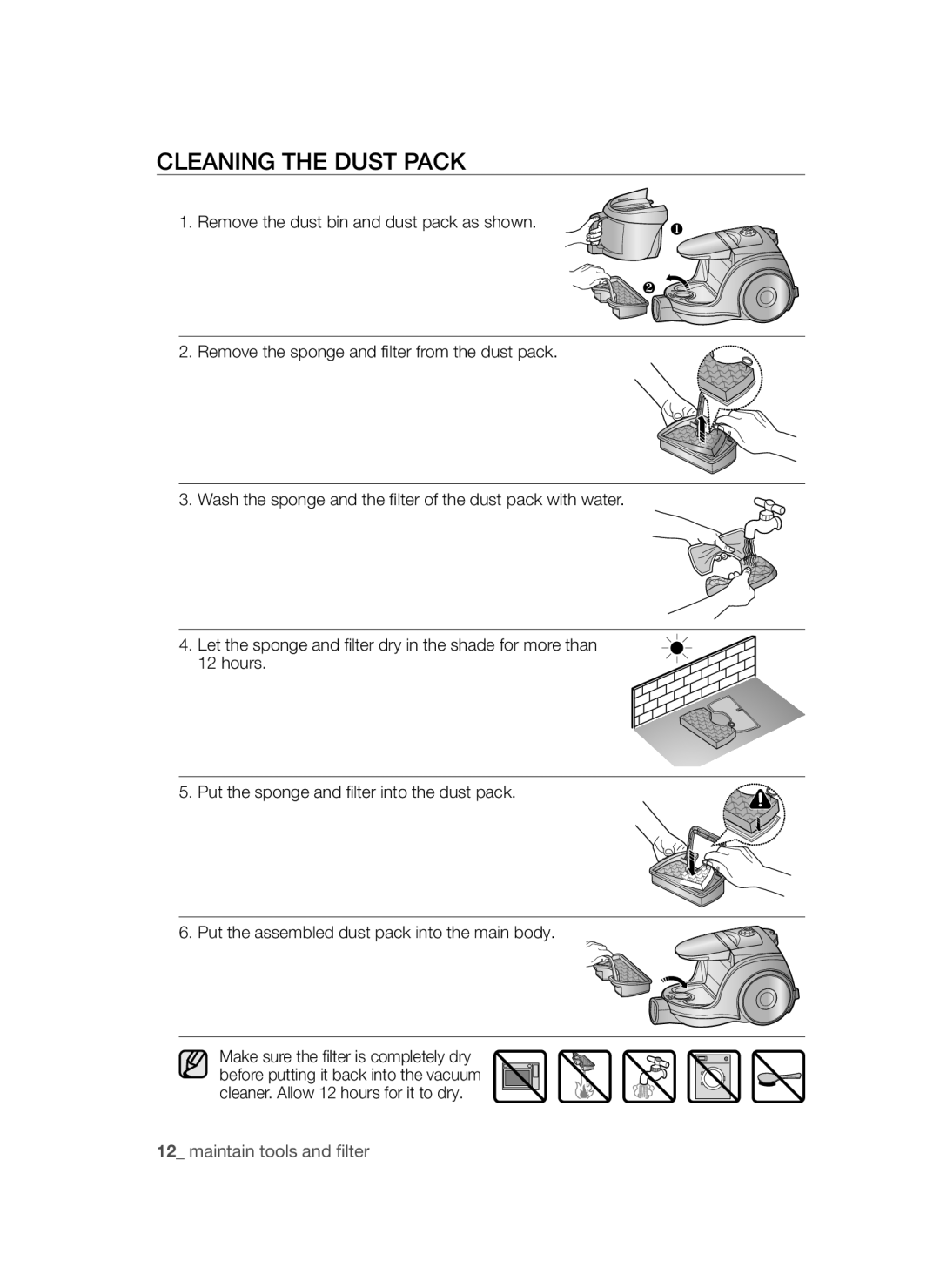 Samsung VCC4580V3K/XZS, VCC4580V32/XEN, VCC4580V3O/XSV manual Cleaning the Dust Pack 