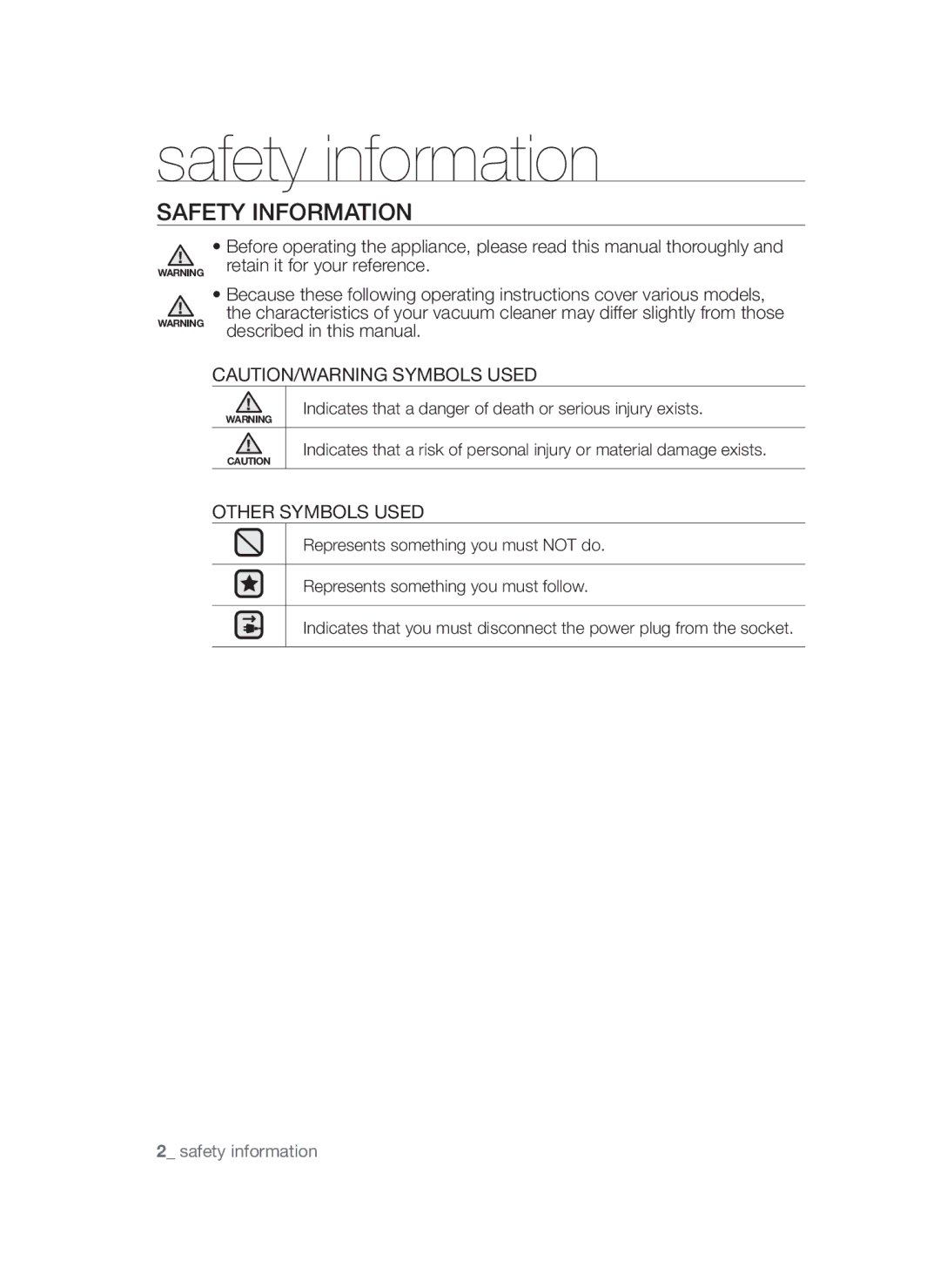 Samsung VCC4580V3O/XSV, VCC4580V3K/XZS, VCC4580V32/XEN manual Safety information, Safety Information 