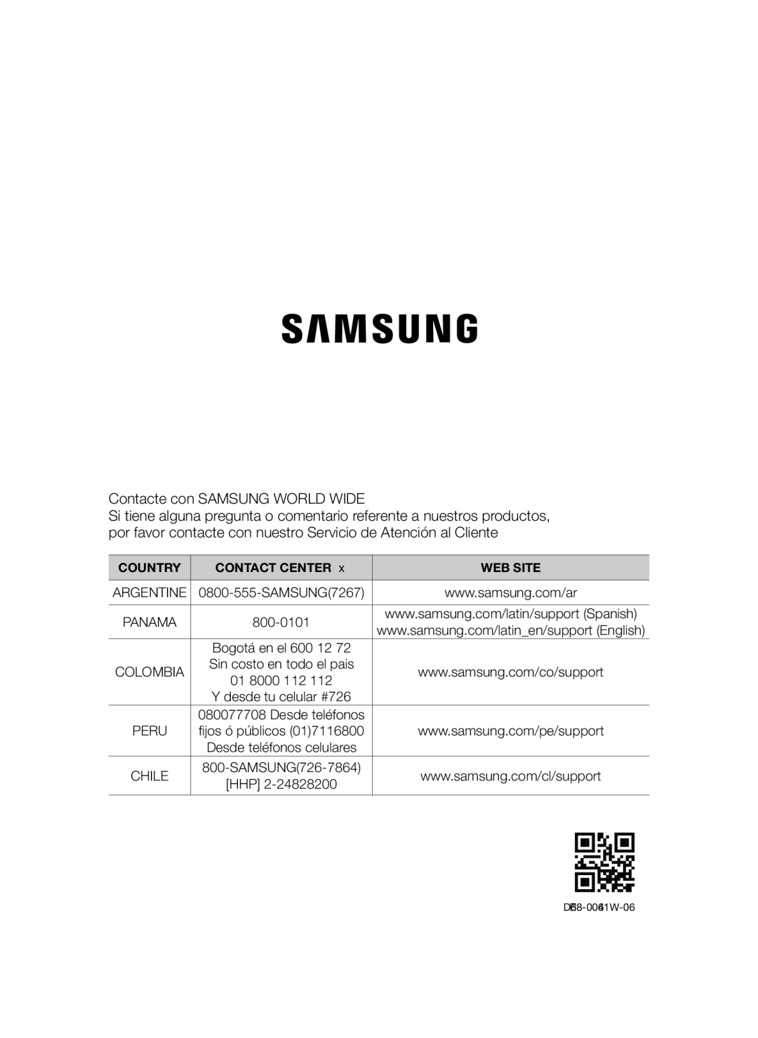 Samsung VCC4580V3O/XSV, VCC4580V3K/XZS, VCC4580V32/XEN Contacte con Samsung World Wide, Country Contact Center WEB Site 