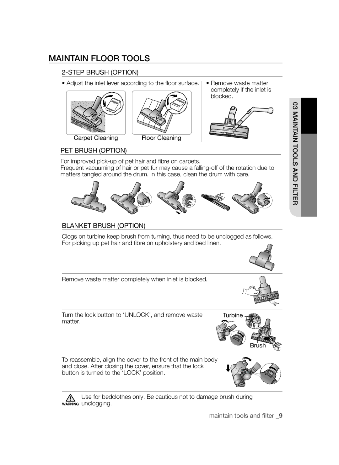 Samsung VCC4580V3K/XZS, VCC4580V32/XEN Maintain Floor Tools, Step Brush Option, PET Brush Option, Blanket Brush Option 