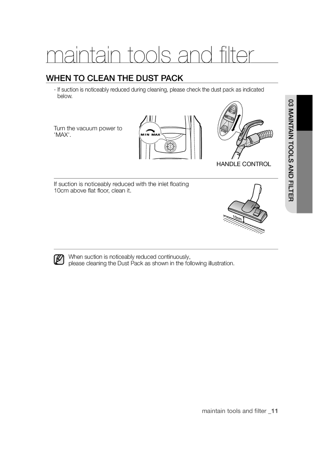 Samsung VCC4580V3O/XSV, VCC4580V3K/XZS, VCC4580V32/XEN manual WhEN to clEAN ThE Dust PAcK, Handle Control 