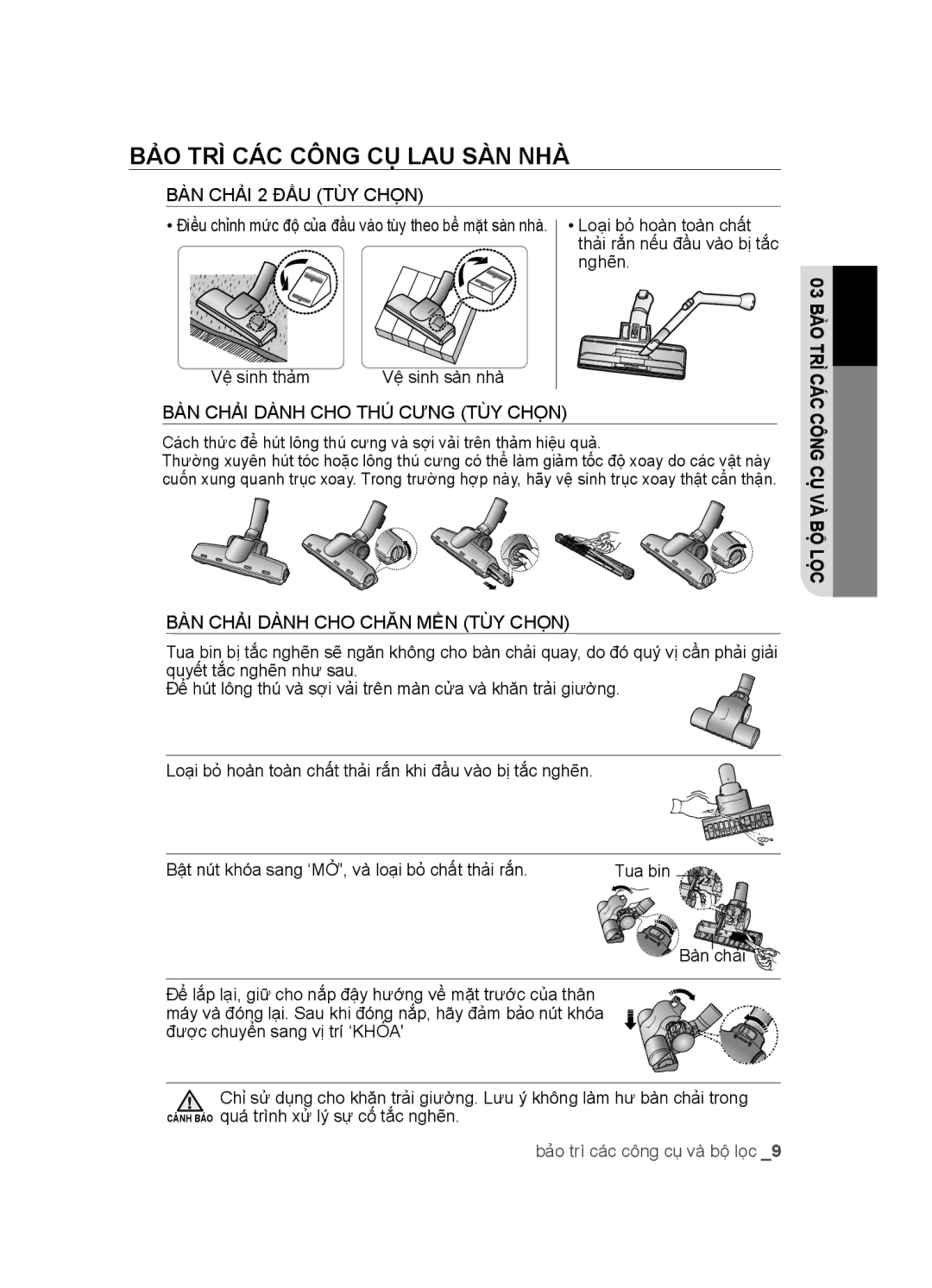 Samsung VCC4580V32/XEN manual BẢ̉O TRÌ CÁ́C Công CỤ LAU SÀ̀N NHÀ̀, Bà chải 2 đầu Tùy chọn, Nghẽ̃n Vệ sinh thảm 