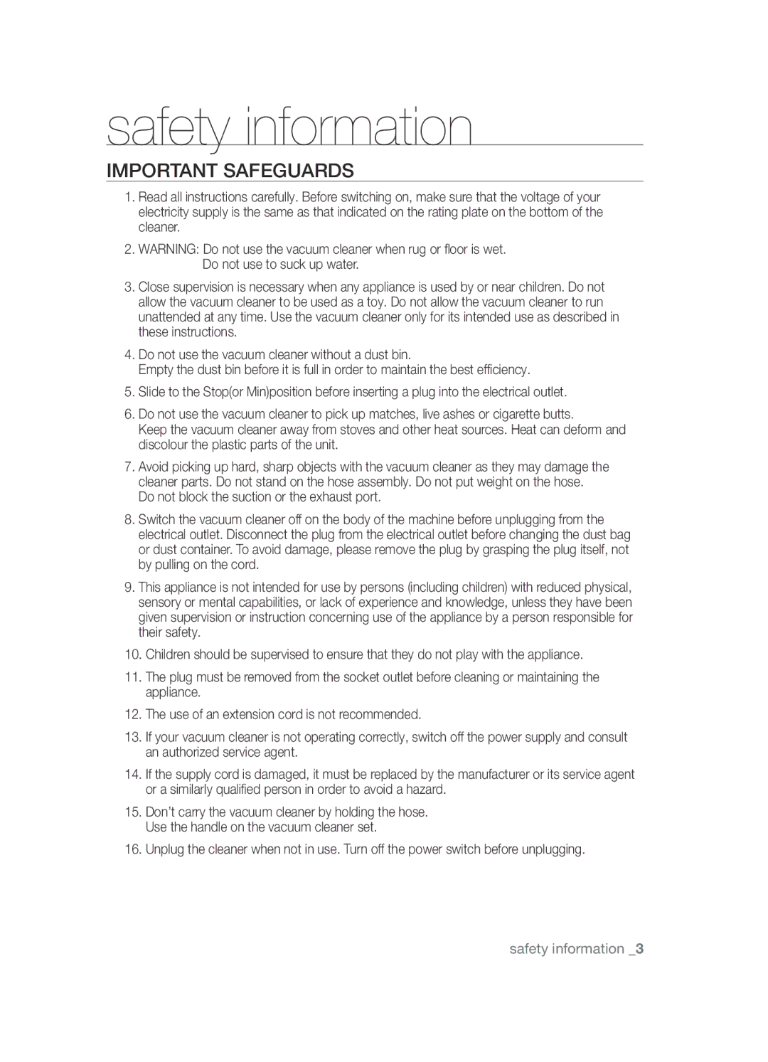 Samsung VCC4580V3K/XZS, VCC4580V32/XEN, VCC4580V3O/XSV Important Safeguards, Do not block the suction or the exhaust port 