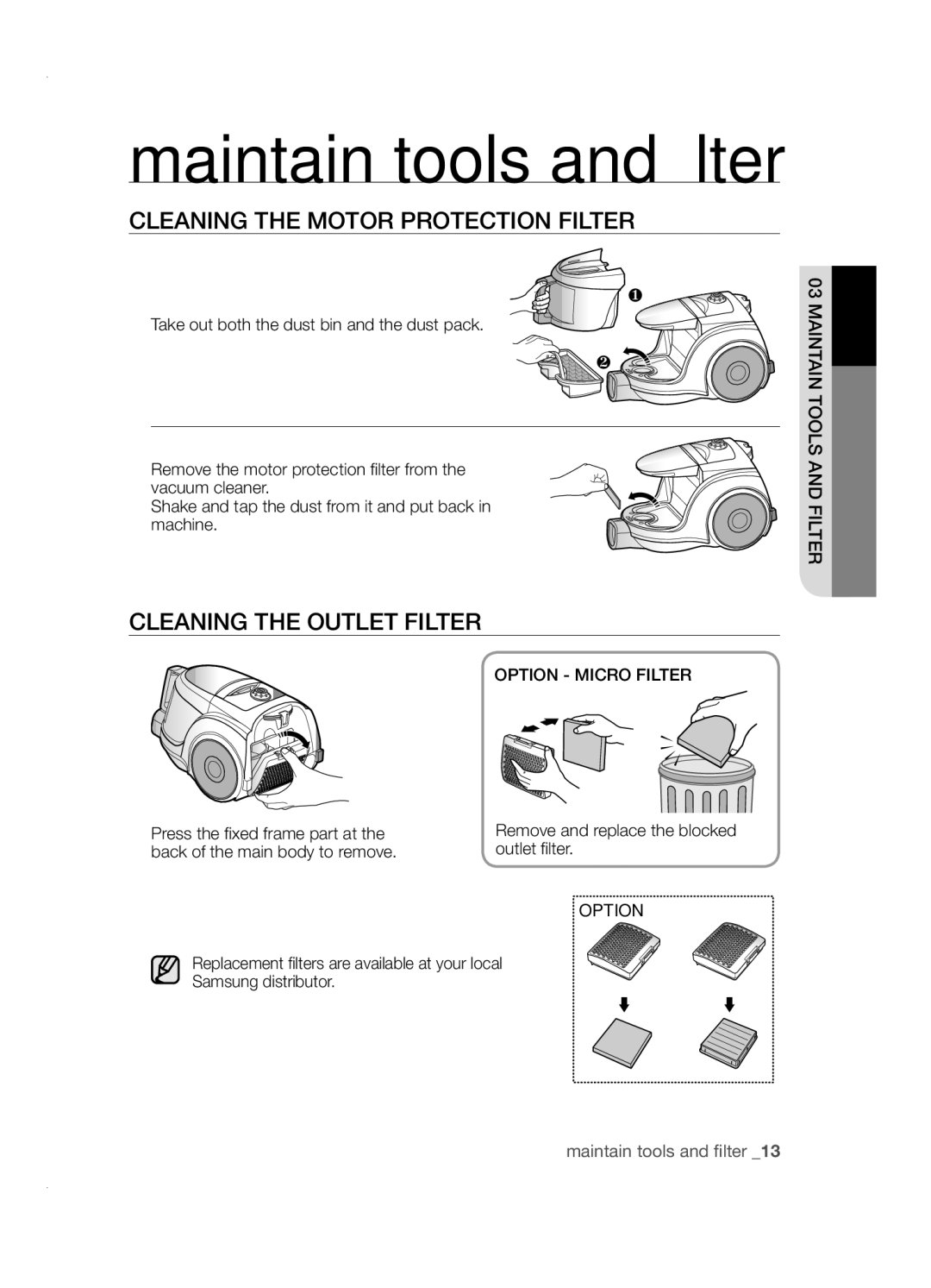 Samsung VCC4580V32/XEN manual ClEANING ThE Motor PROTEcTION FIlTER, ClEANING ThE OUTlET FIlTER, Option Micro Filter 