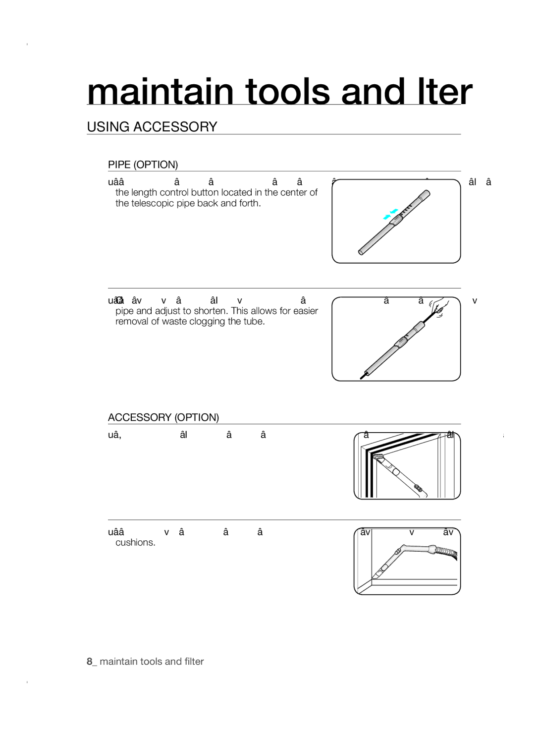 Samsung VCC4580V3K/XZS, VCC4580V32/XEN, VCC4581V3K/XMA manual Maintain tools and filter, Using AccESSORY, Pipe Option 