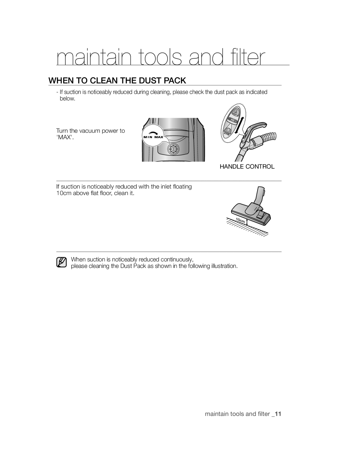 Samsung VCC4581V3K/XMA manual When to Clean the Dust Pack, Handle Control 