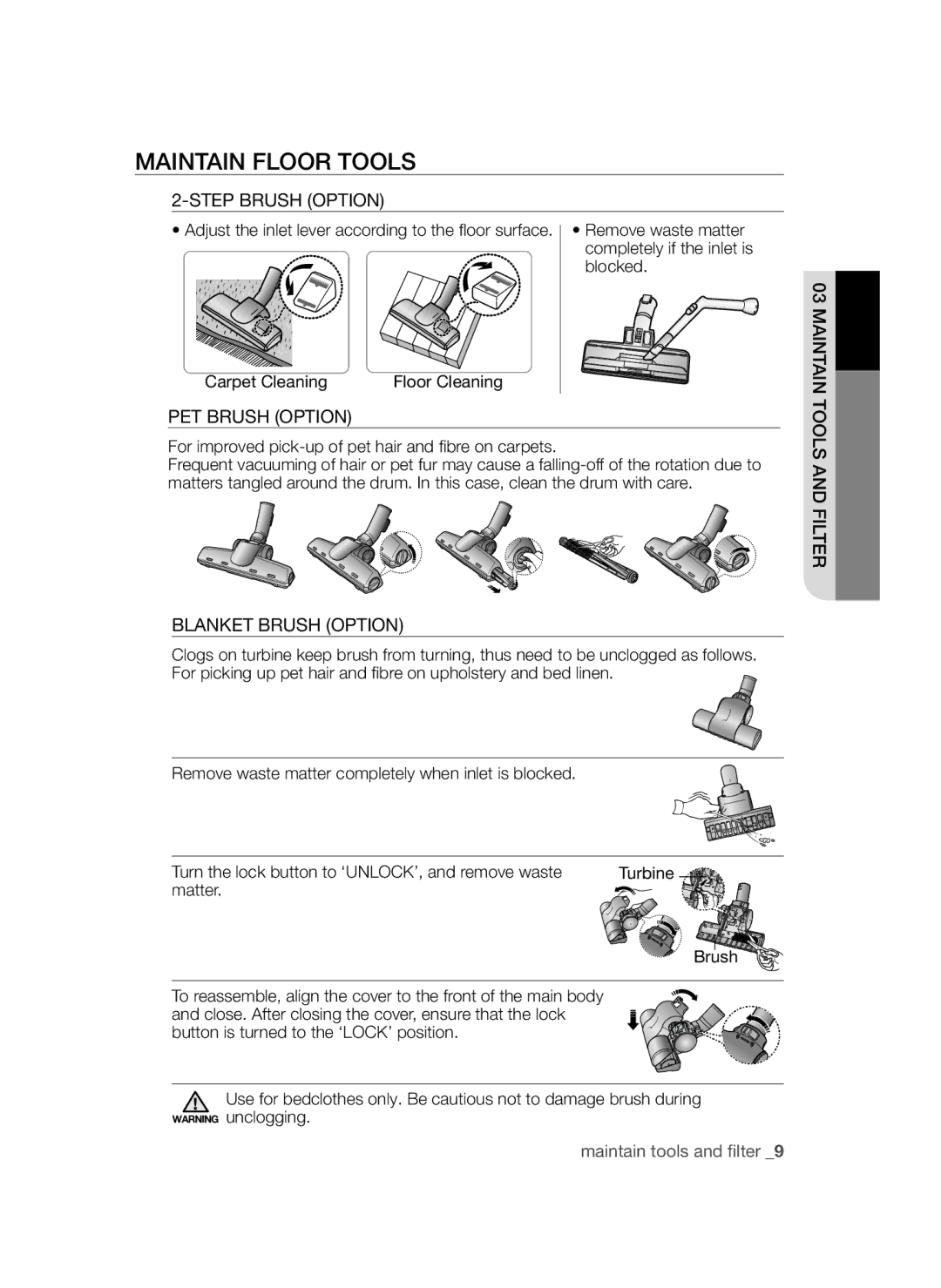 Samsung VCC4581V3K/XMA manual Maintain Floor Tools, Step Brush Option, PET Brush Option, Blanket Brush Option 