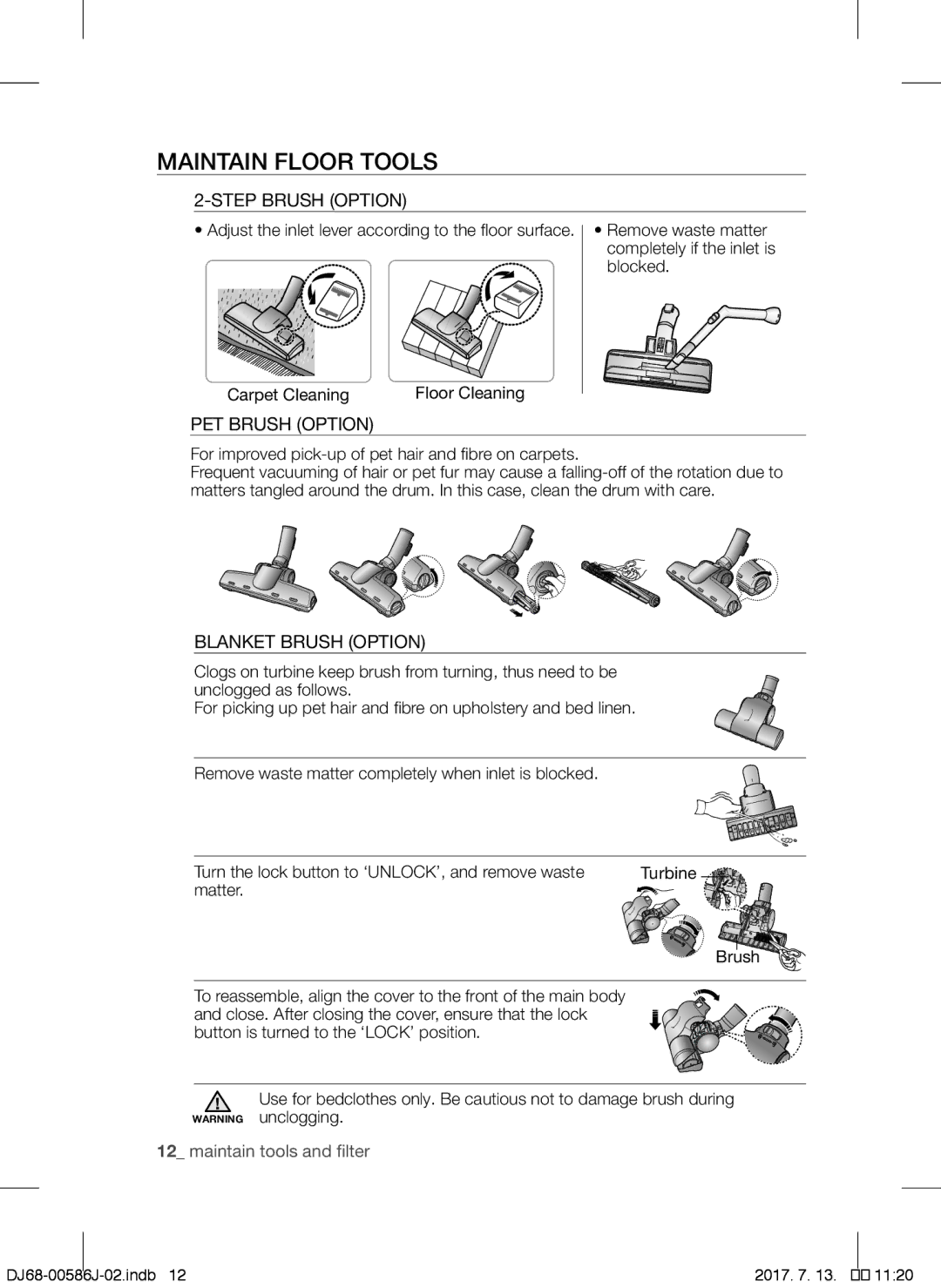 Samsung VCC45S0S3R/XAG, VCC45S0S3R/XEF Maintain Floor Tools, Step Brush Option, PET Brush Option, Blanket Brush Option 