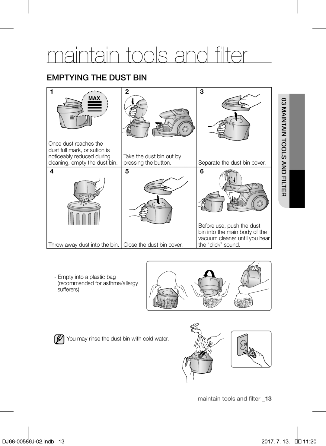 Samsung VCC45S0S3R/XEF, VCC45S0S3R/XAG manual Emptying the Dust BIN, Once dust reaches, Pressing the button, Click sound 