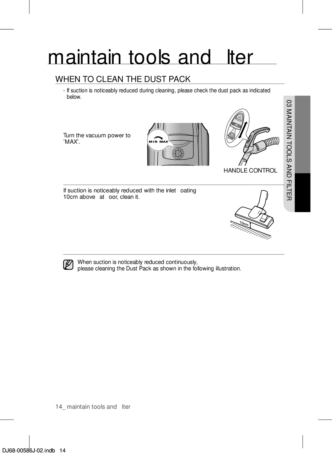 Samsung VCC45S0S3R/XEH, VCC45S0S3R/XAG, VCC45S0S3R/XEF manual When to Clean the Dust Pack, Handle Control 