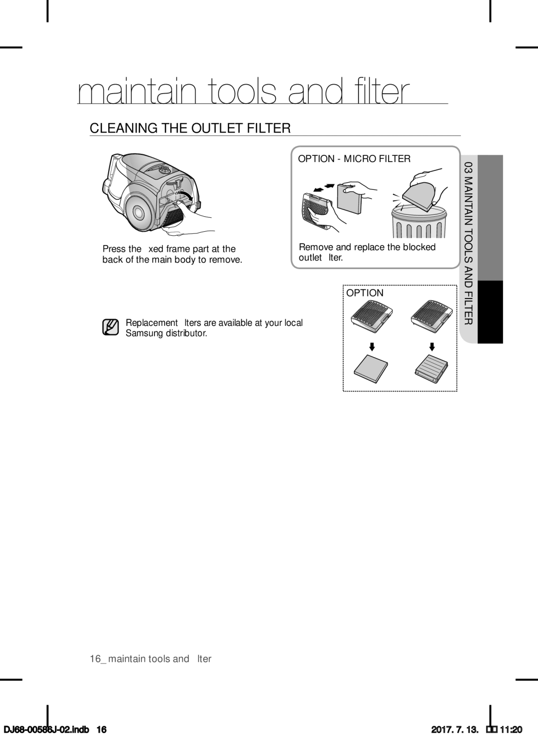 Samsung VCC45S0S3R/XEF, VCC45S0S3R/XAG, VCC45S0S3R/XEH manual Cleaning the Outlet Filter, Option Micro Filter 