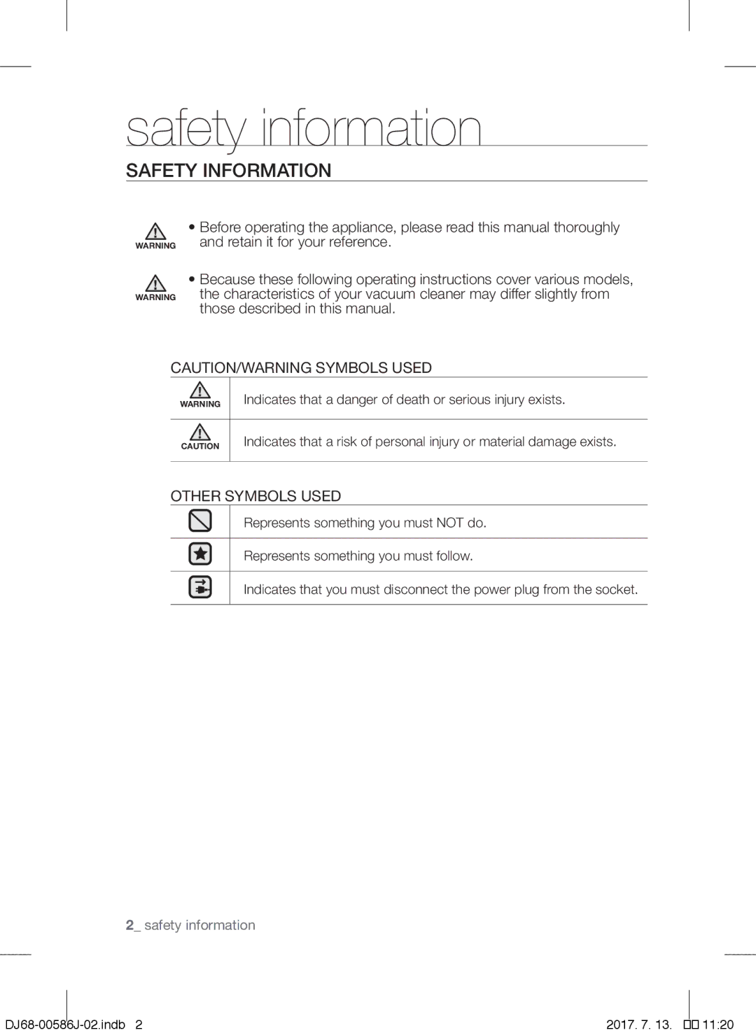 Samsung VCC45S0S3R/XEH, VCC45S0S3R/XAG, VCC45S0S3R/XEF manual Safety information, Safety Information 