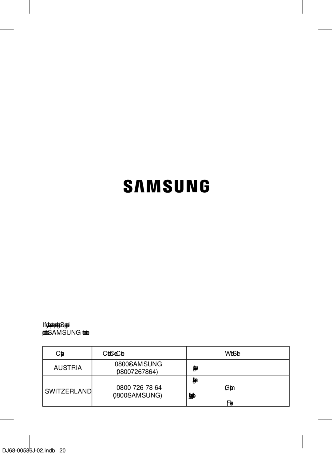 Samsung VCC45S0S3R/XEH, VCC45S0S3R/XAG, VCC45S0S3R/XEF manual 0800-7267864, 0800 726 78 German Samsung 