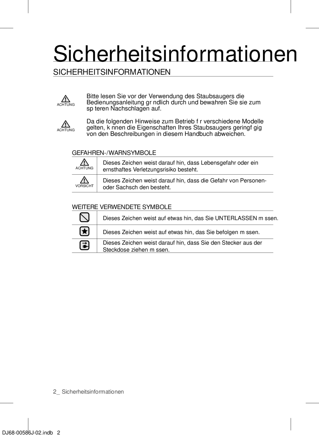 Samsung VCC45S0S3R/XEF, VCC45S0S3R/XAG, VCC45S0S3R/XEH manual Sicherheitsinformationen 