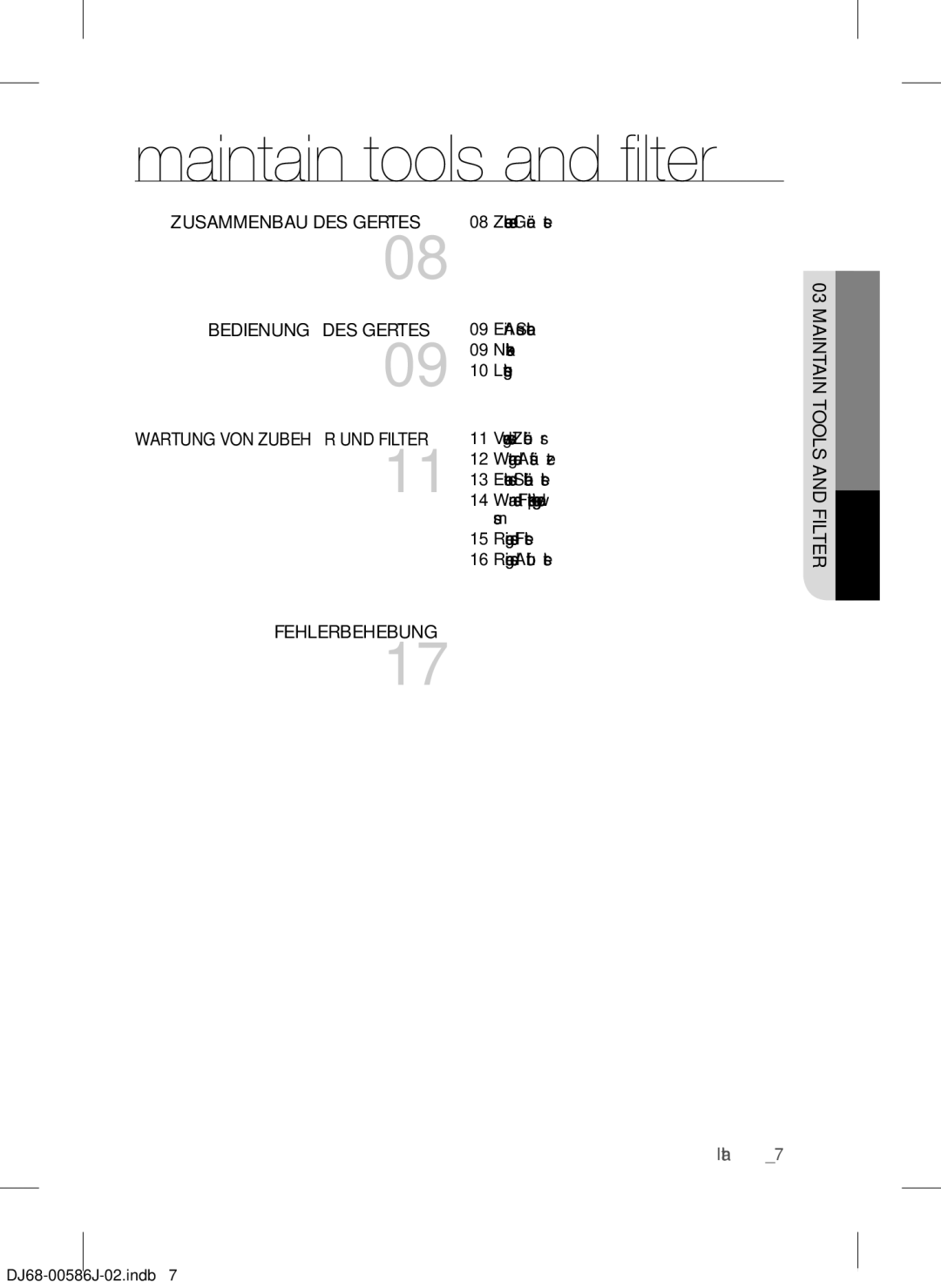 Samsung VCC45S0S3R/XAG, VCC45S0S3R/XEF manual Inhalt, Zusammenbau DES Gerätes, Bedienung DES Gerätes, Fehlerbehebung 