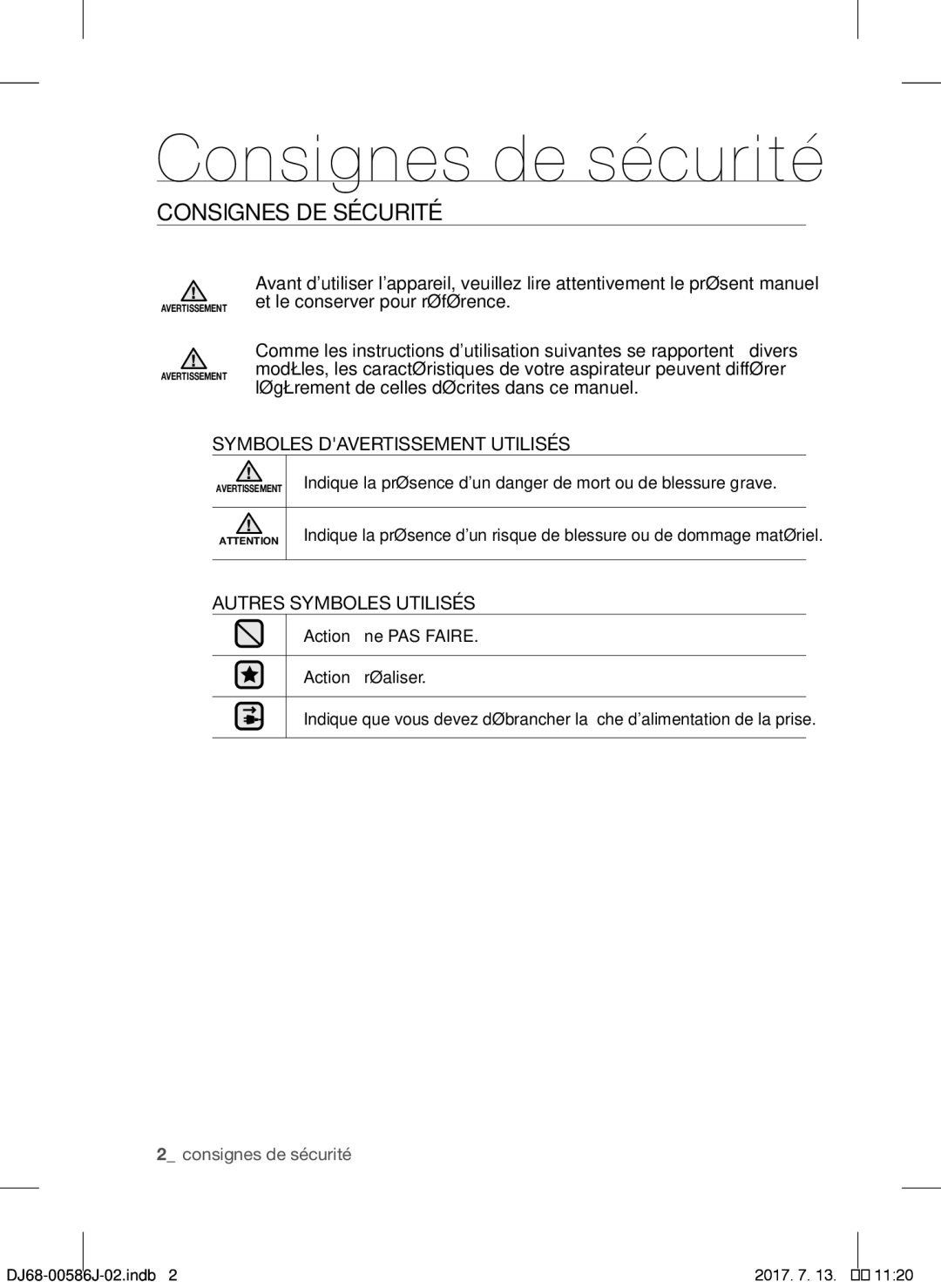 Samsung VCC45S0S3R/XAG, VCC45S0S3R/XEF, VCC45S0S3R/XEH manual Consignes de sécurité, Consignes DE Sécurité 