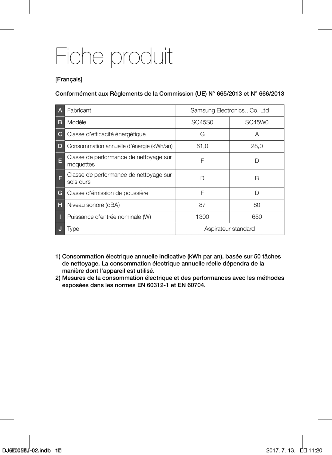 Samsung VCC45S0S3R/XEF, VCC45S0S3R/XAG, VCC45S0S3R/XEH Fiche produit, Classe d’efficacité énergétique, Moquettes, Sols durs 