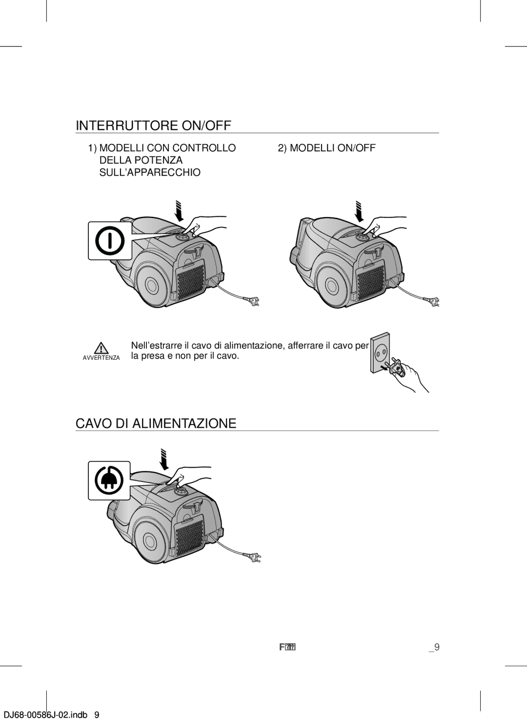 Samsung VCC45S0S3R/XAG, VCC45S0S3R/XEF, VCC45S0S3R/XEH manual Interruttore ON/OFF, Cavo DI Alimentazione 