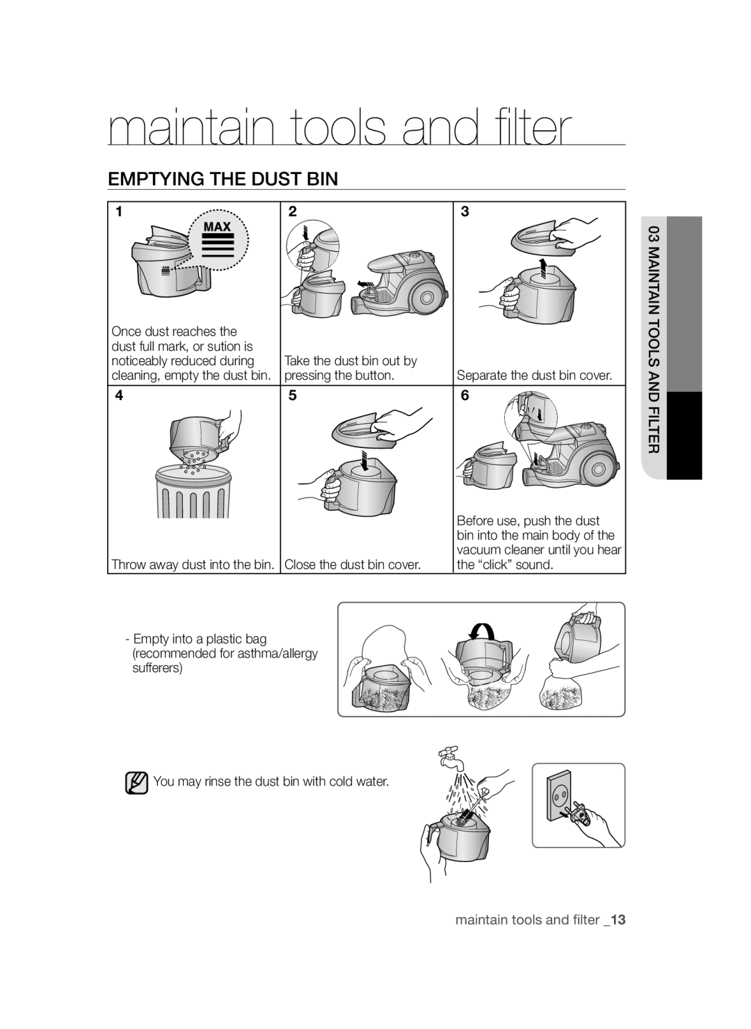 Samsung VCC45S0S3R/XEF, VCC45S0S3R/XAG manual Emptying the Dust BIN, Once dust reaches, Pressing the button, Click sound 