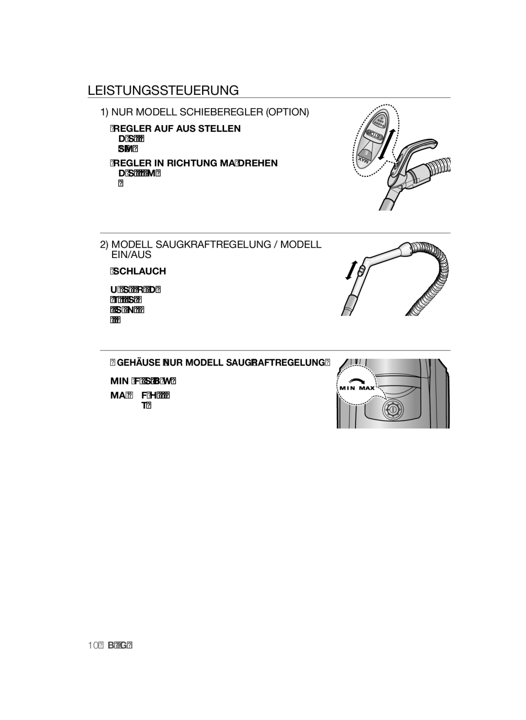 Samsung VCC45S0S3R/XAG, VCC45S0S3R/XEF manual Leistungssteuerung, NUR Modell Schieberegler Option Regler AUF AUS Stellen 