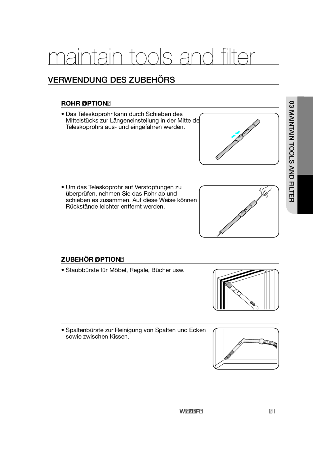 Samsung VCC45S0S3R/XEF, VCC45S0S3R/XAG, VCC45S0S3R/XEH manual Verwendung DES Zubehörs, Rohr Option, Zubehör Option 