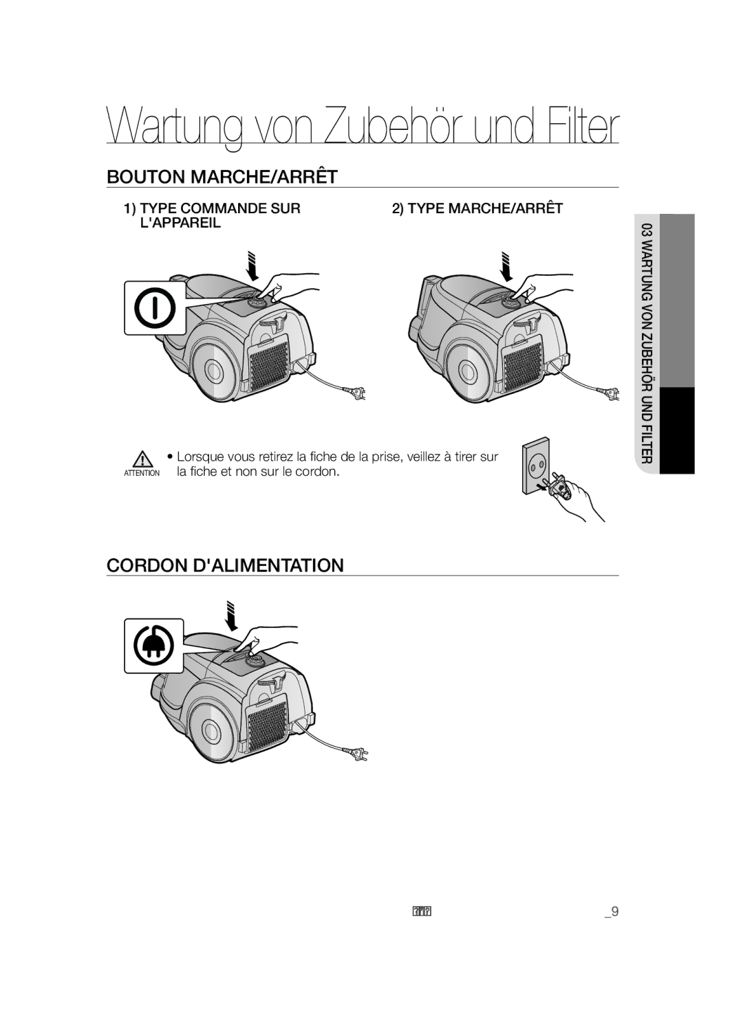 Samsung VCC45S0S3R/XEF, VCC45S0S3R/XAG manual Bouton MARCHE/ARRÊT, Cordon Dalimentation, Type Commande SUR, Lappareil 