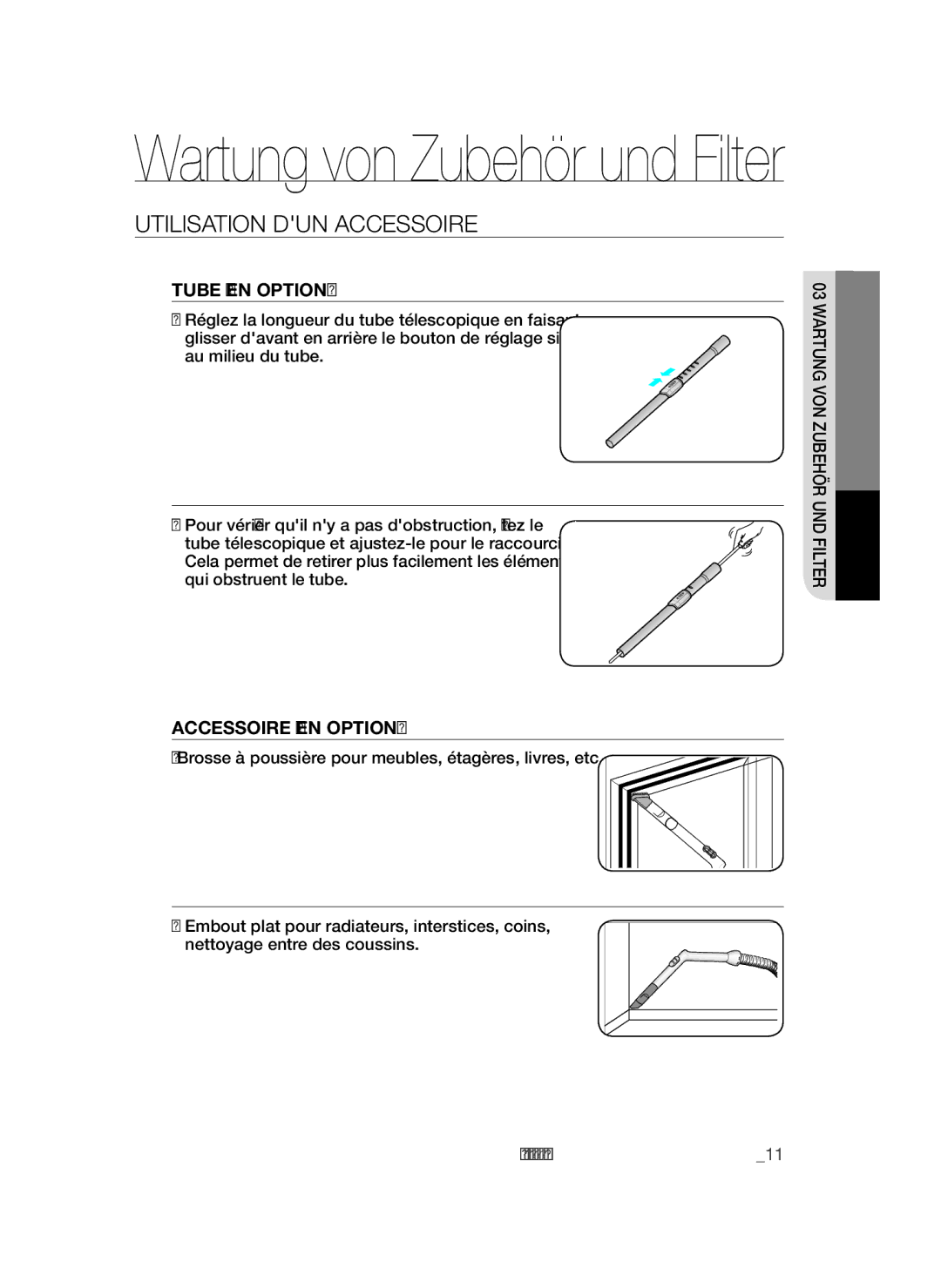 Samsung VCC45S0S3R/XAG, VCC45S0S3R/XEF Utilisation DUN Accessoire, Tube EN Option, Au milieu du tube, Accessoire EN Option 