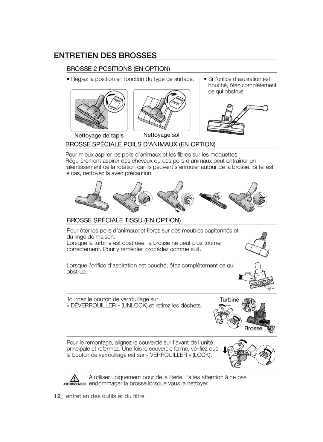 Samsung VCC45S0S3R/XEF manual Entretien DES Brosses, Brosse 2 Positions EN Option, Brosse Spéciale Poils Danimaux EN Option 