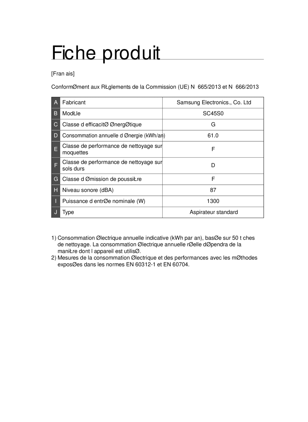 Samsung VCC45S0S3R/XEF, VCC45S0S3R/XAG, VCC45S0S3R/XEH Fiche produit, Classe d’efficacité énergétique, Moquettes, Sols durs 