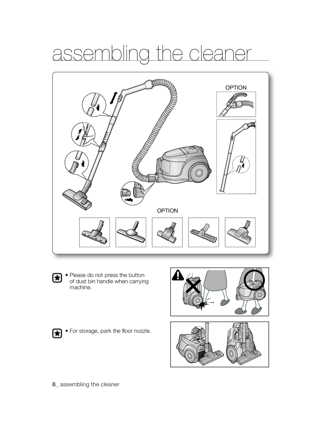 Samsung VCC45S0S3R/XEH, VCC45S0S3R/XAG, VCC45S0S3R/XEF manual Assembling the cleaner, Option 