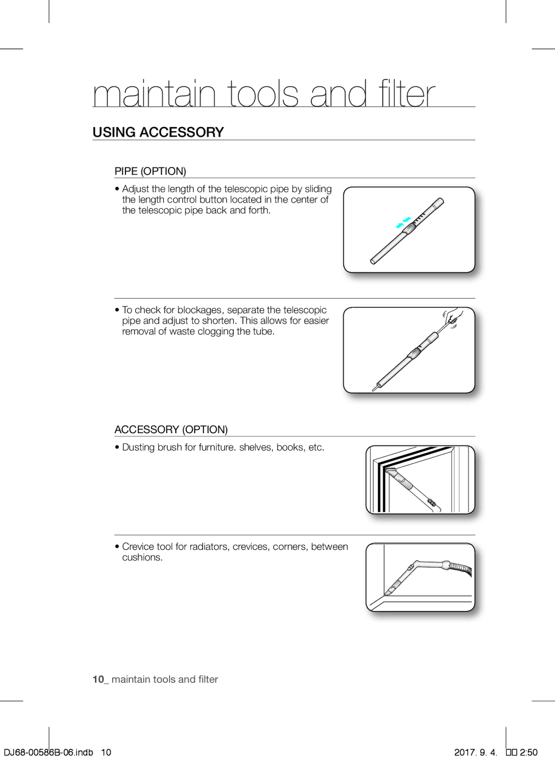 Samsung VCC45W0S3B/XEO, VCC45S0S3R/XEF, VCC45W0S3B/XEP, VCC45W0S3R/XTR manual Maintain tools and filter, Using Accessory 