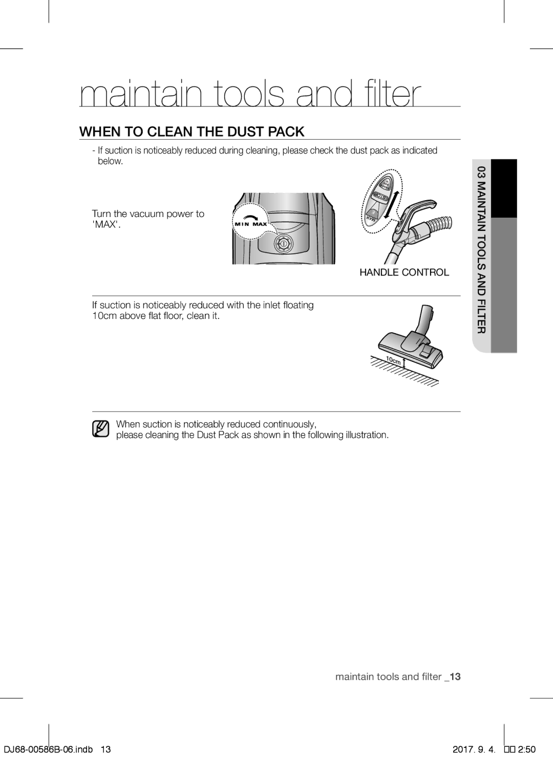 Samsung VCC45W0S3R/XSB, VCC45S0S3R/XEF, VCC45W0S3B/XEP, VCC45W0S3R/XTR manual When to Clean the Dust Pack, Handle Control 