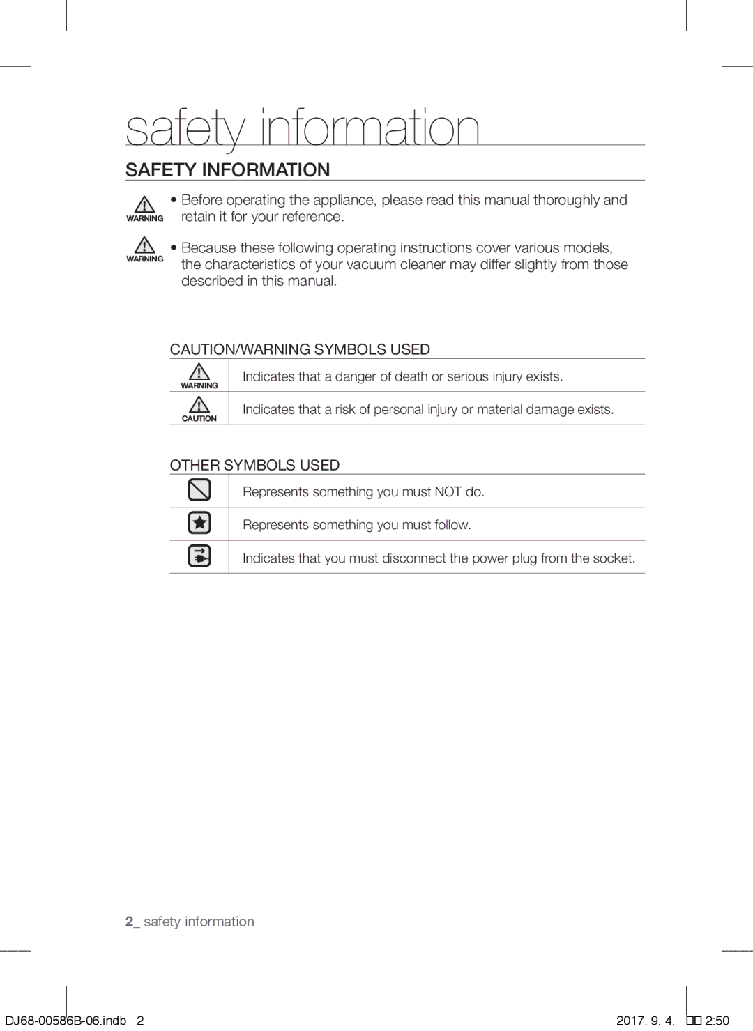 Samsung VCC45W0S3R/XTR, VCC45S0S3R/XEF, VCC45W0S3B/XEP, VCC45W0S3B/XEO, VCC45S0S3R/XEN Safety information, Safety Information 