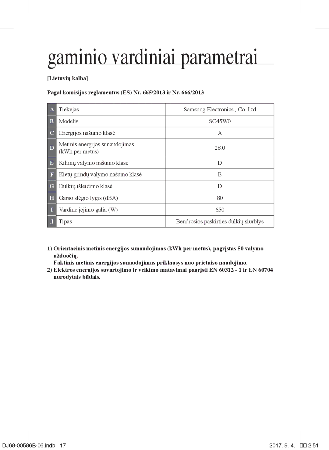 Samsung VCC45S0S3R/XEN, VCC45S0S3R/XEF, VCC45W0S3B/XEP, VCC45W0S3R/XTR, VCC45W0S3B/XEO manual Gaminio vardiniai parametrai 