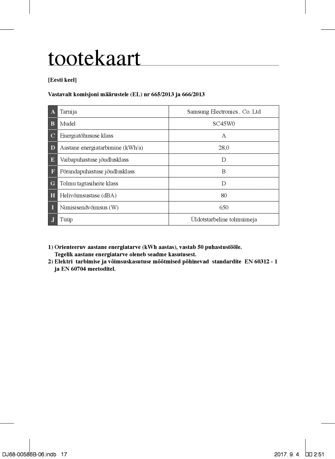 Samsung VCC45W0S3B/XEP, VCC45S0S3R/XEF, VCC45W0S3R/XTR, VCC45W0S3B/XEO, VCC45S0S3R/XEN, VCC45S0S3R/XSB manual Tootekaart, Tüüp 