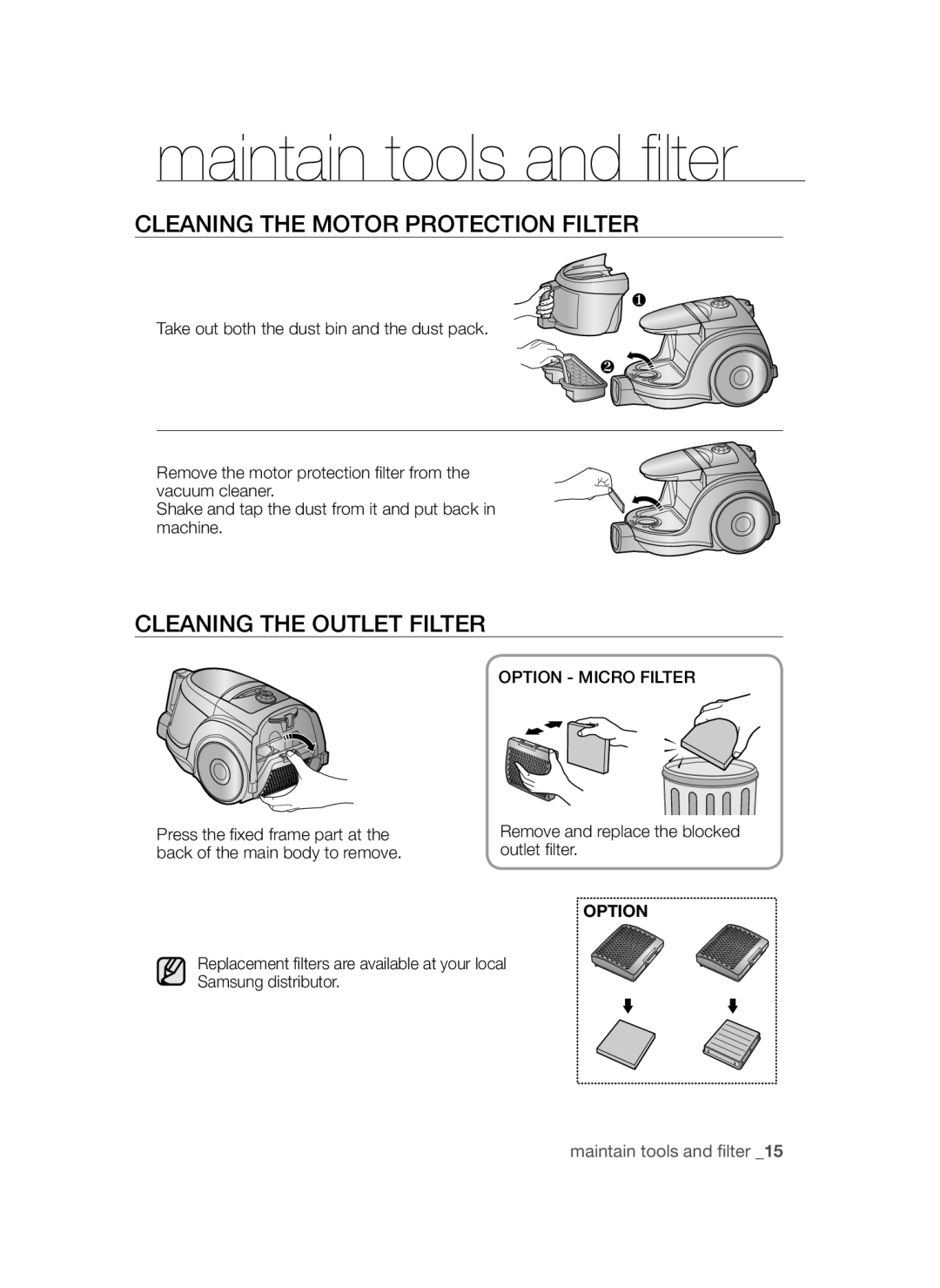 Samsung VCC45W0S3B/XEP, VCC45S0S3R/XEF, VCC45W0S3R/XTR Cleaning the Motor Protection Filter, Cleaning the Outlet Filter 