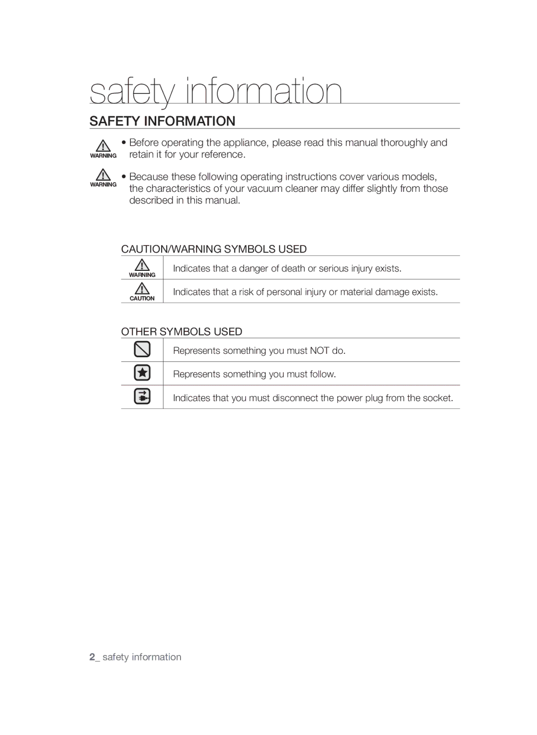 Samsung VCC45W0S3R/XTR, VCC45S0S3R/XEF, VCC45W0S3B/XEP, VCC45W0S3B/XEO, VCC45S0S3R/XEN Safety information, Safety Information 