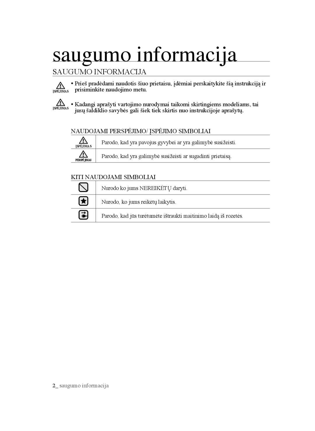 Samsung VCC45W0S3B/XEO, VCC45S0S3R/XEF, VCC45W0S3B/XEP, VCC45W0S3R/XTR manual Saugumo informacija, Saugumo Informacija 